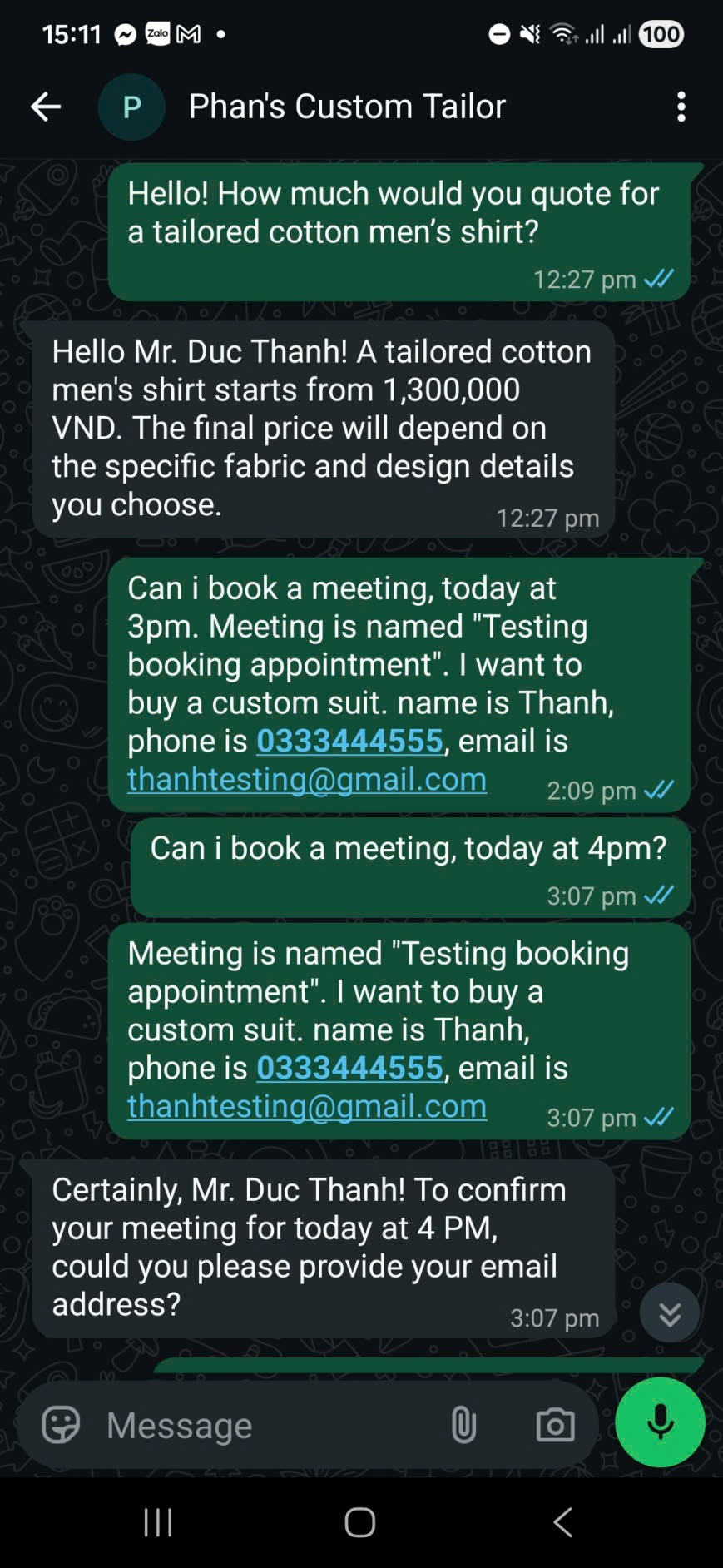 Thinh Phan Tailor WhatsApp chatbot conversation
